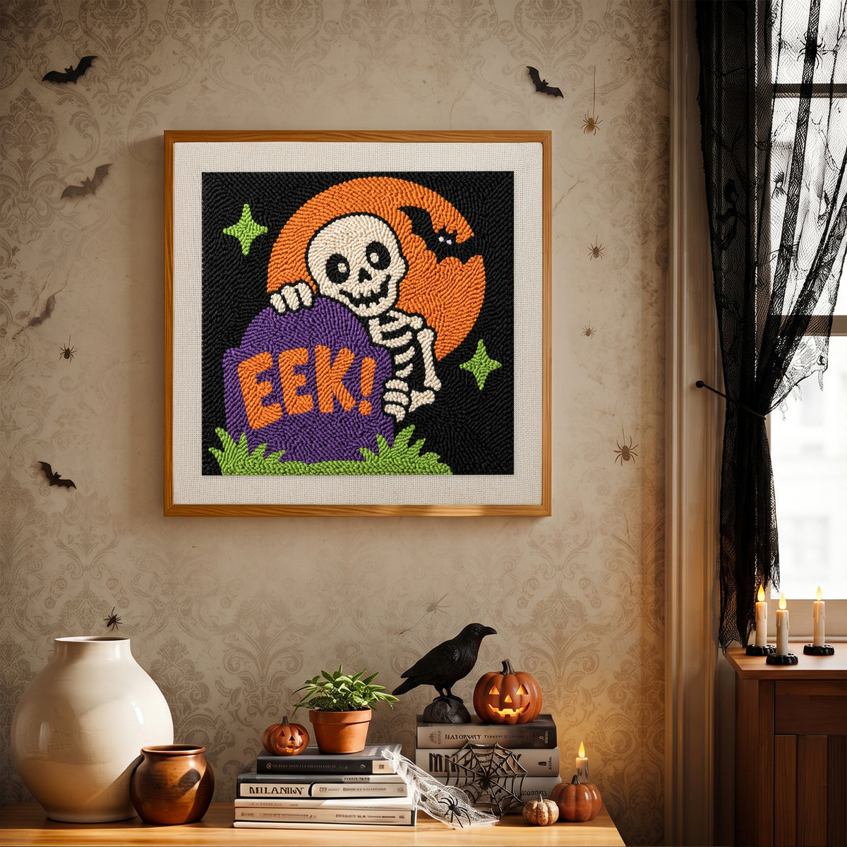 Finished Peekaboo Skeleton punch needle canvas on a wall