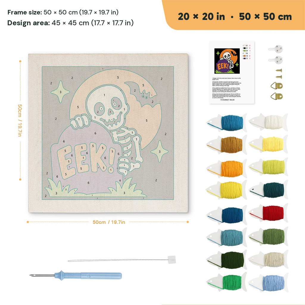Peekaboo Skeleton punch needle kit, 20 × 20 in (50 × 50 cm): canvas size and kit contents
