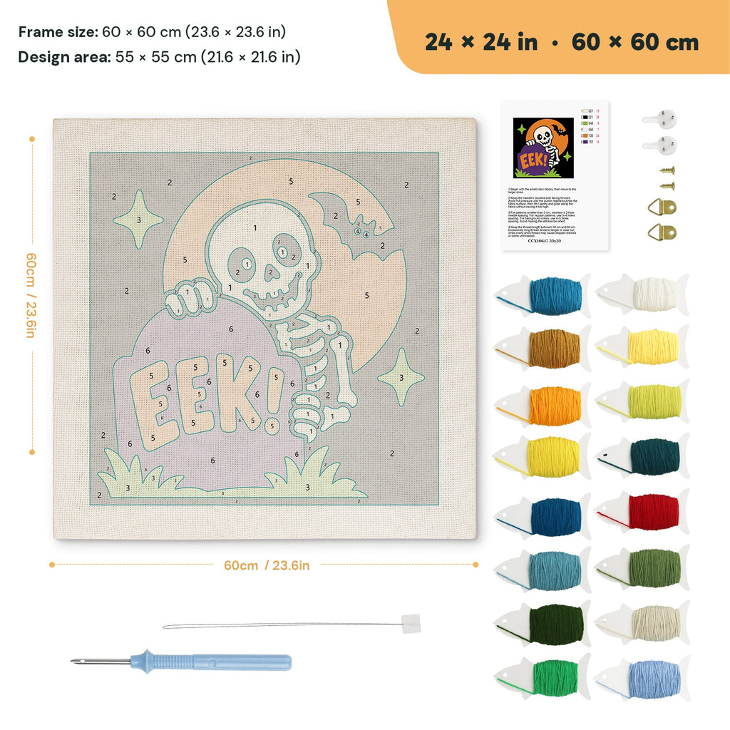 Peekaboo Skeleton punch needle kit, 24 × 24 in (60 × 60 cm): canvas size and kit contents