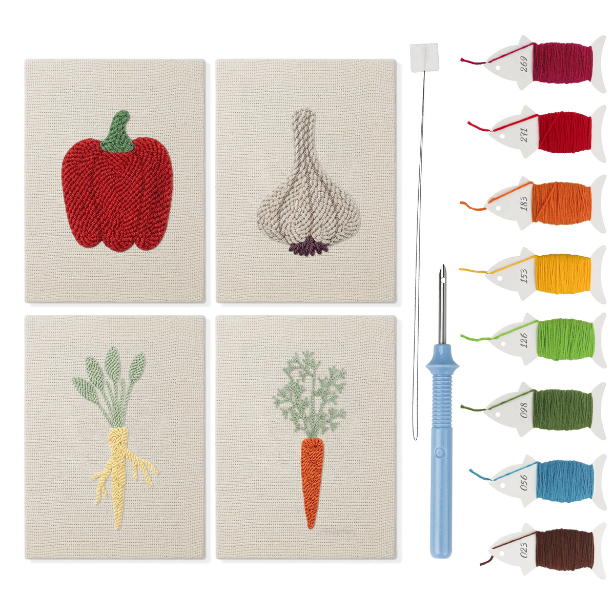 Pepper and Garlic mini punch needle kit set: four finished canvases with threads, punch needle and threader