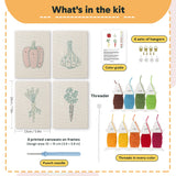 What is in the Pepper and Garlic set: 4 printed canvases, punch needle, threader, threads, color guide and 4 sets of hangers (6 × 8 in (15 × 20 cm) each)