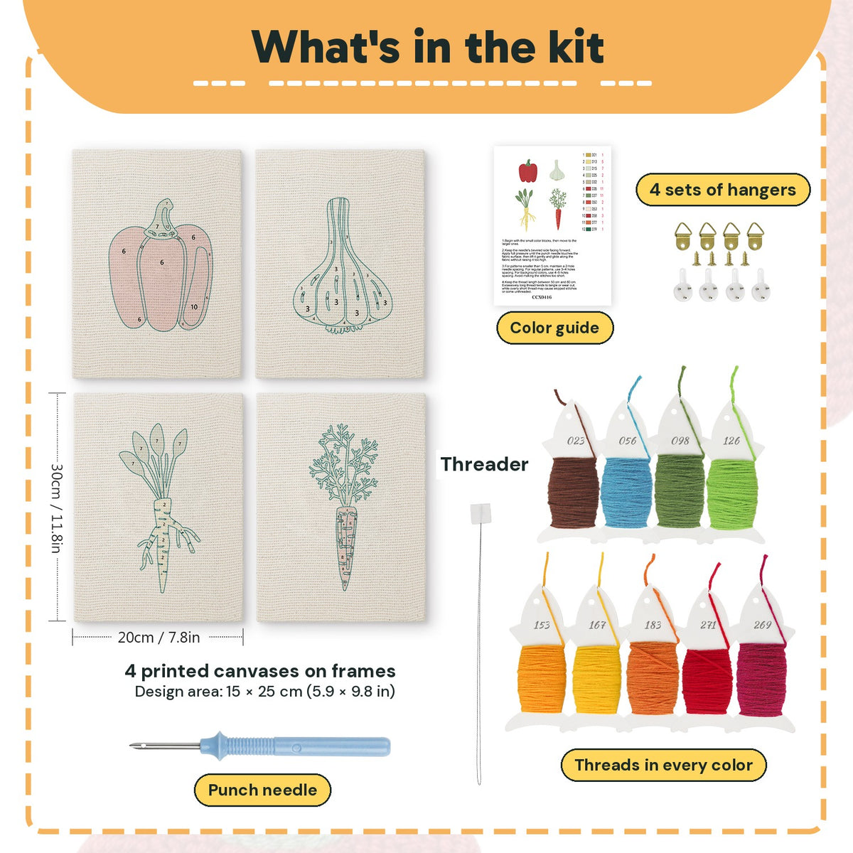 What is in the Pepper and Garlic set, 8 × 12 in (20 × 30 cm) each: 4 printed canvases, punch needle, threader, threads, color guide and 4 sets of hangers