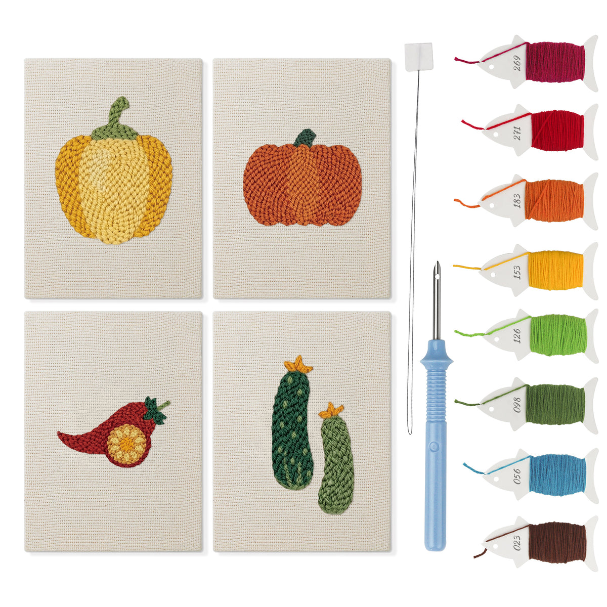 Peppers and Zucchini mini punch needle kit set: four finished canvases with threads, punch needle and threader