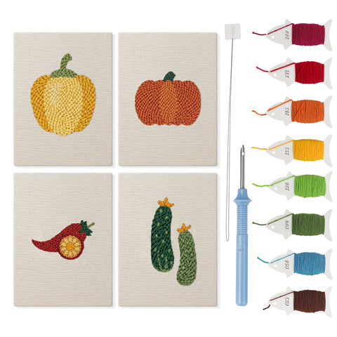 Peppers and Zucchini mini punch needle kit set: four finished canvases with threads, punch needle and threader
