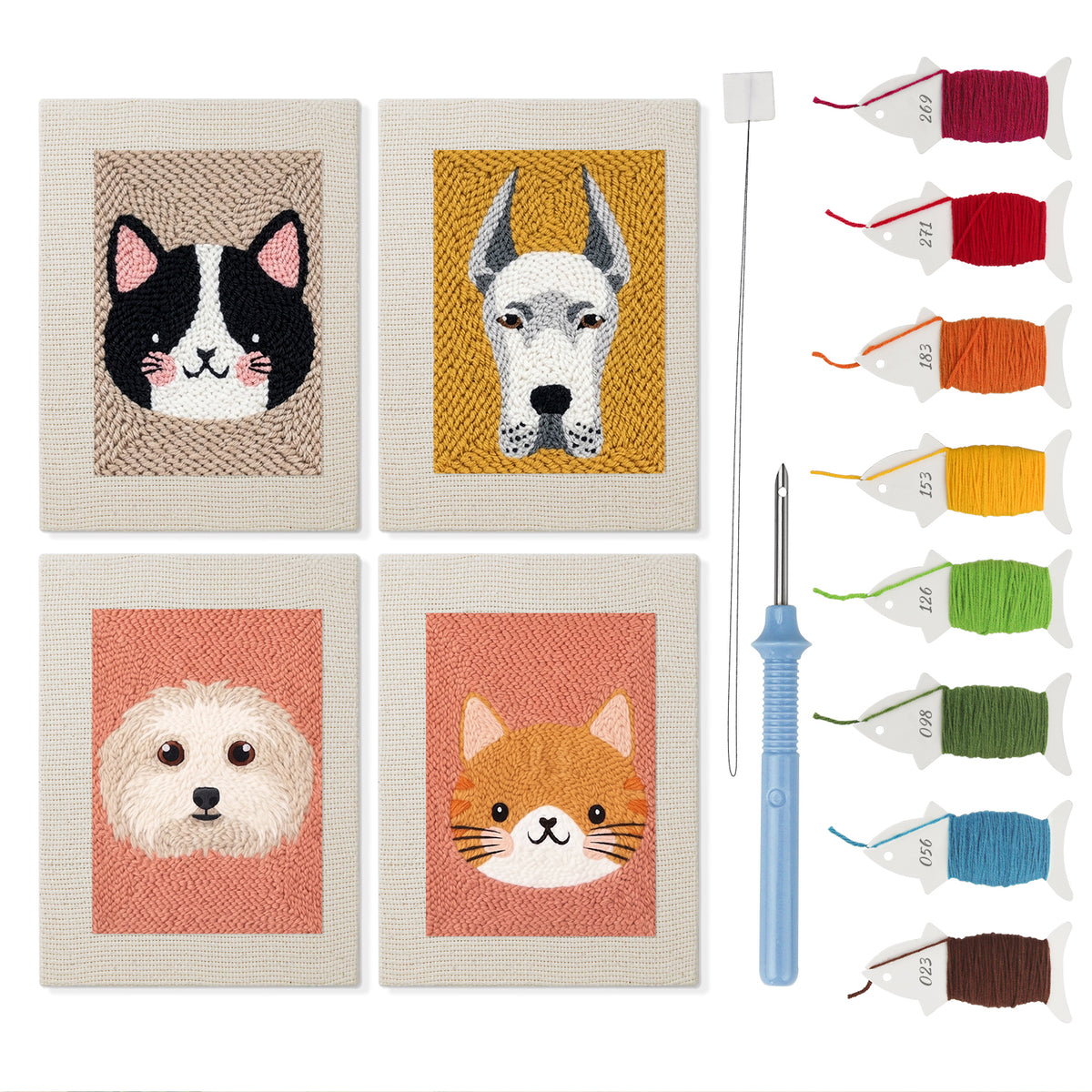 Pet Portraits mini punch needle kit set: four finished canvases with threads, punch needle and threader