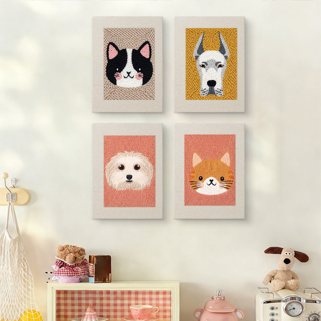 The four Pet Portraits mini canvases on a wall above a shelf