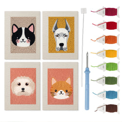 Pet Portraits mini punch needle kit set: four finished canvases with threads, punch needle and threader