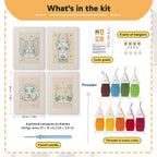 What is in the Pet Portraits set: 4 printed canvases, punch needle, threader, threads, color guide and 4 sets of hangers (6 × 8 in (15 × 20 cm) each)