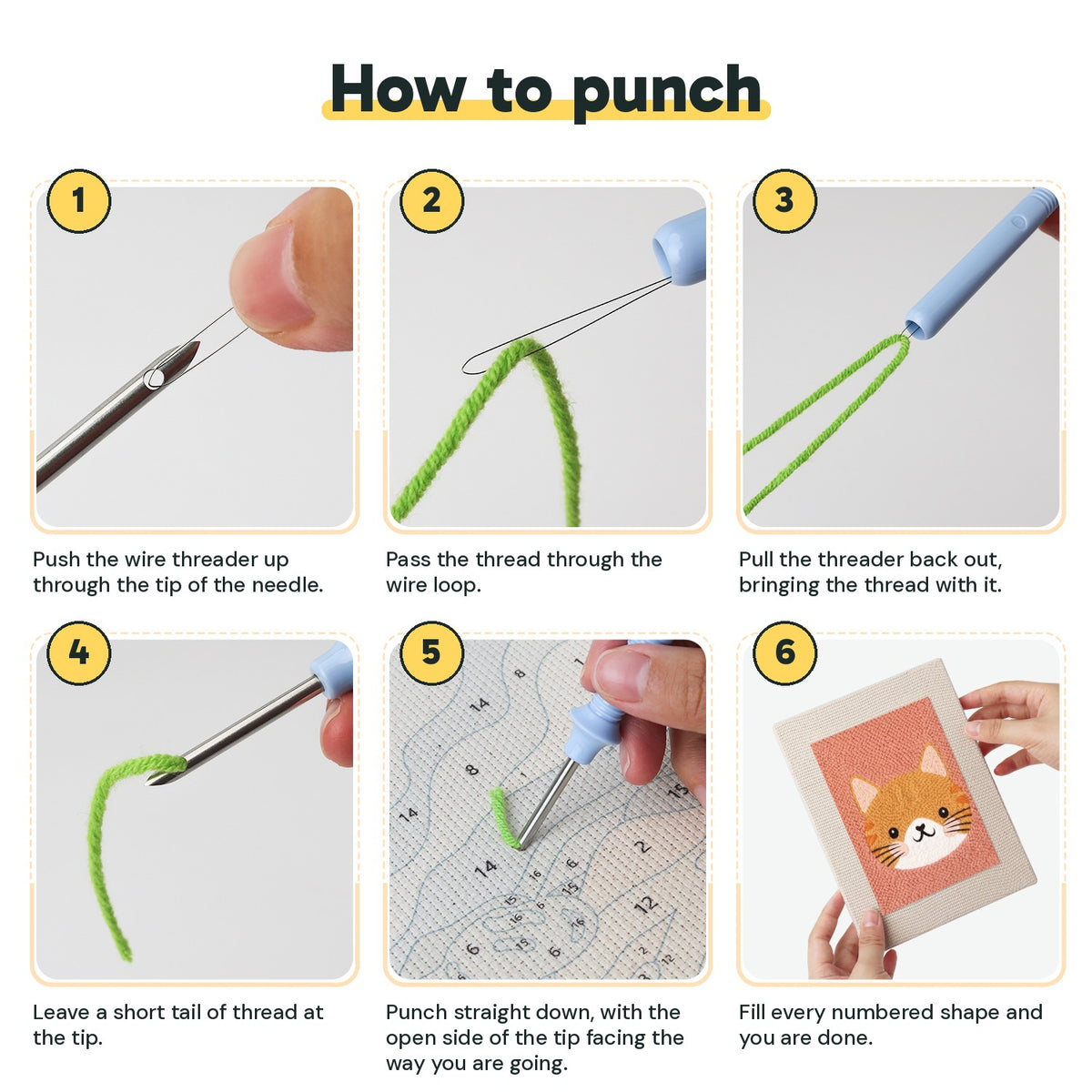 Six steps showing how to thread and use the punch needle