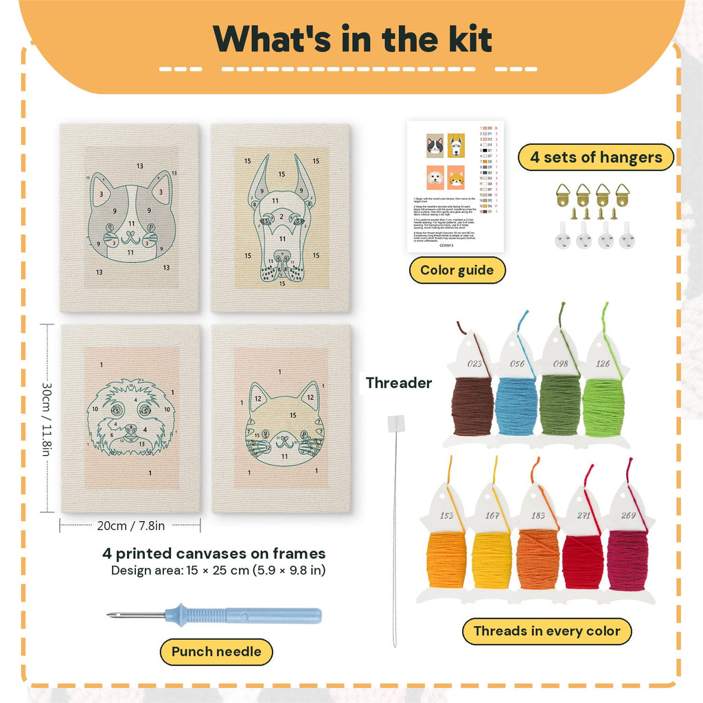 What is in the Pet Portraits set, 8 × 12 in (20 × 30 cm) each: 4 printed canvases, punch needle, threader, threads, color guide and 4 sets of hangers