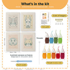 What is in the Pet Portraits set, 8 × 12 in (20 × 30 cm) each: 4 printed canvases, punch needle, threader, threads, color guide and 4 sets of hangers