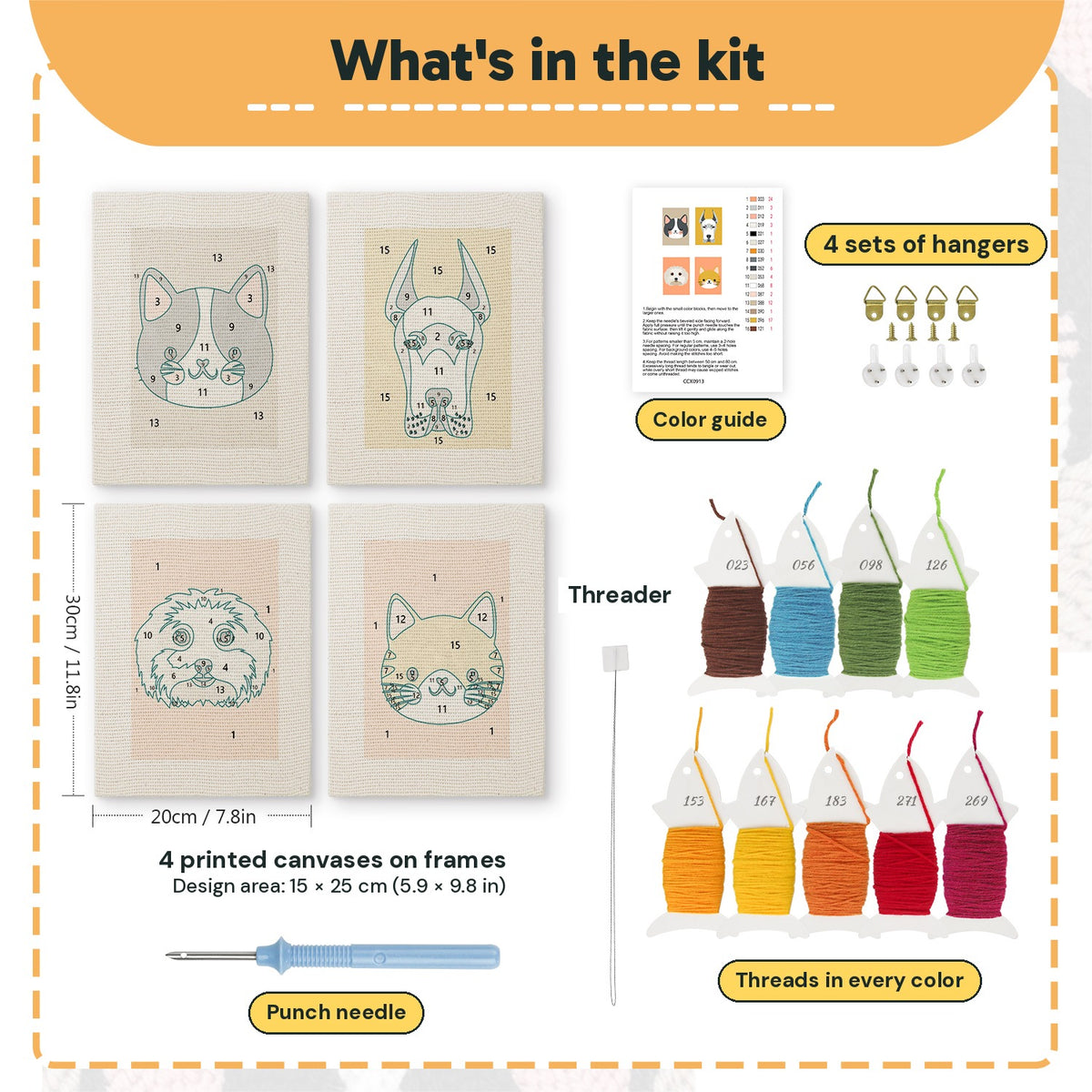 What is in the Pet Portraits set, 8 × 12 in (20 × 30 cm) each: 4 printed canvases, punch needle, threader, threads, color guide and 4 sets of hangers