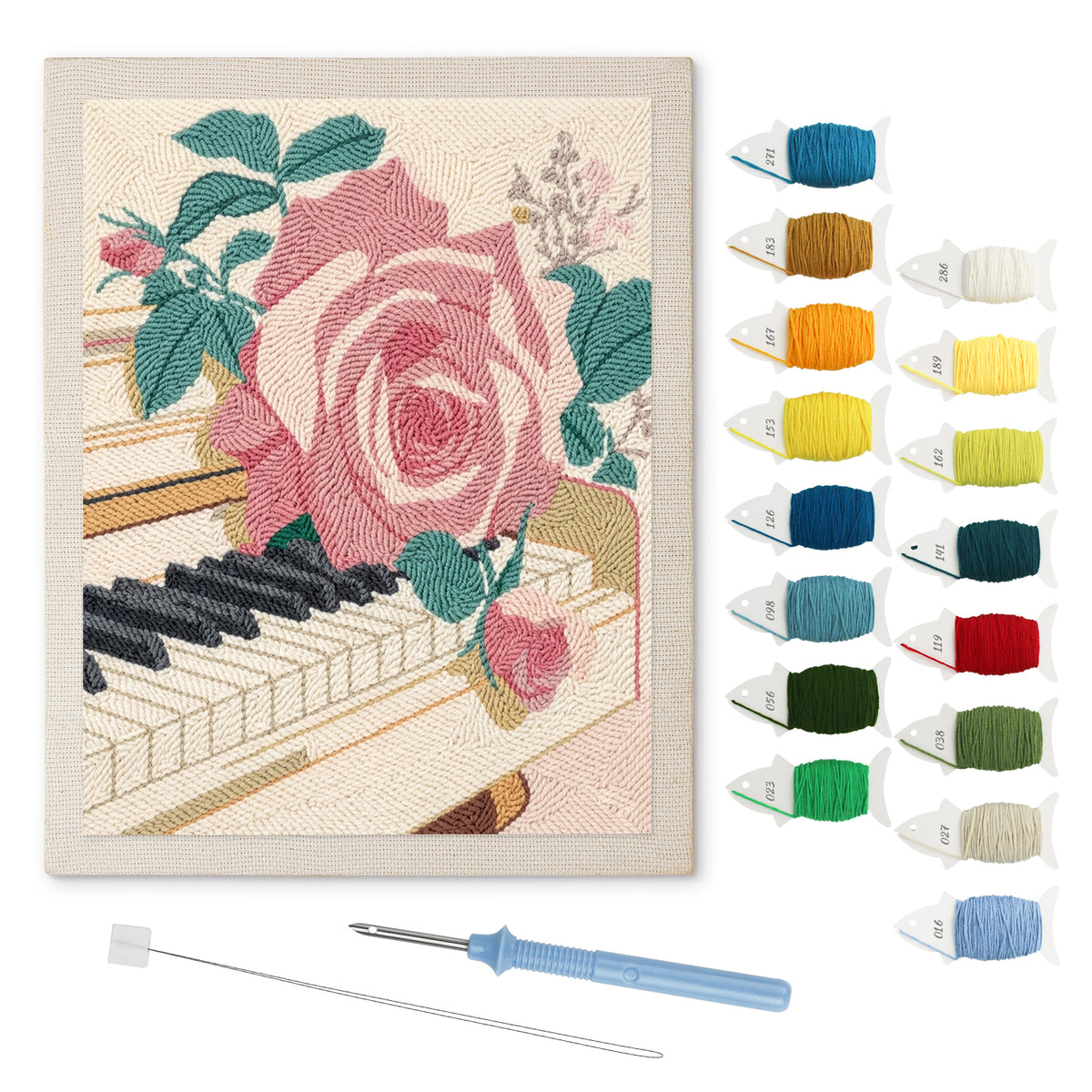 Piano Rose punch needle kit: finished canvas with threads, punch needle and threader