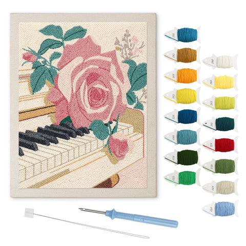 Piano Rose punch needle kit: finished canvas with threads, punch needle and threader