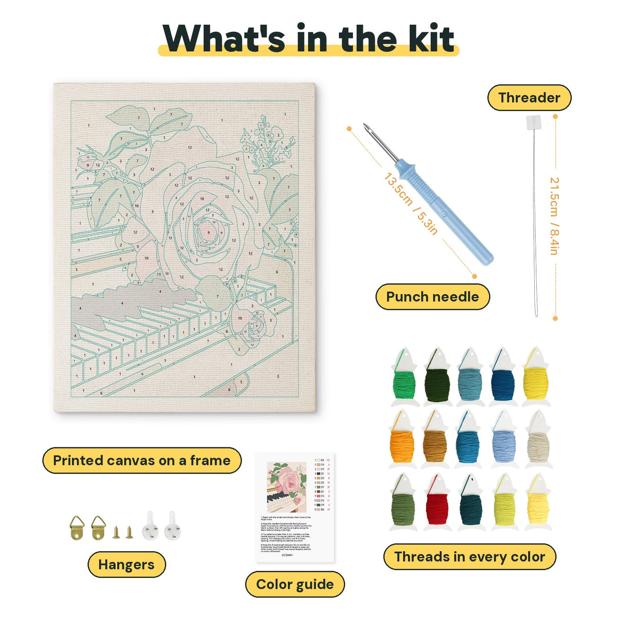What is in the Piano Rose kit: printed canvas, punch needle, threader, threads, color guide and hangers