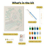 What is in the Piano Rose kit: printed canvas, punch needle, threader, threads, color guide and hangers