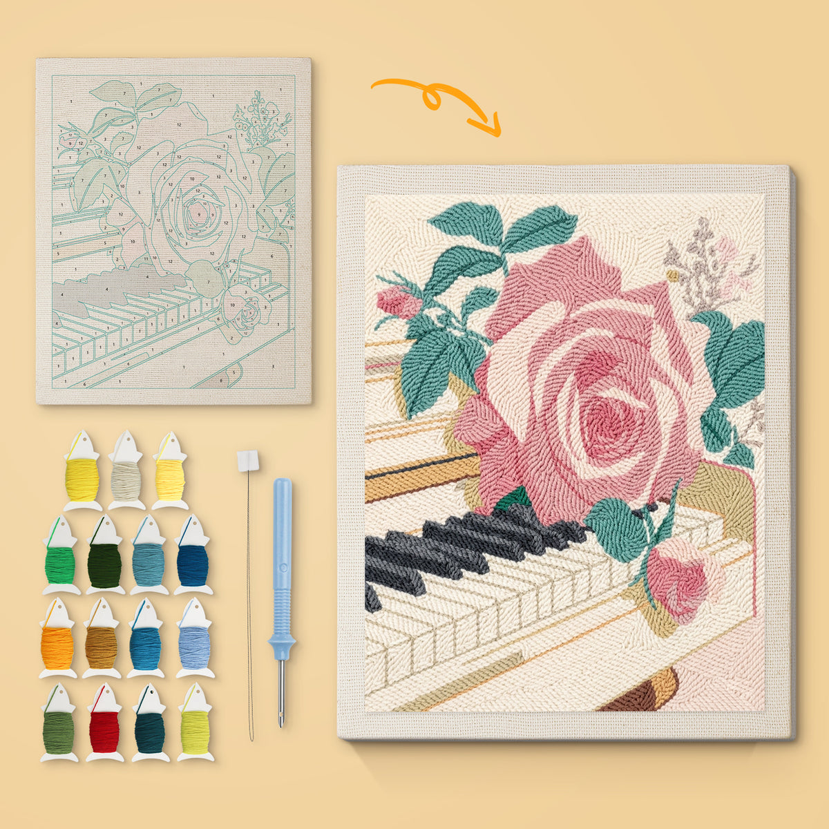 Piano Rose canvas before and after punching, with the threads and tools