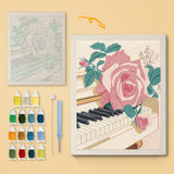 Piano Rose canvas before and after punching, with the threads and tools