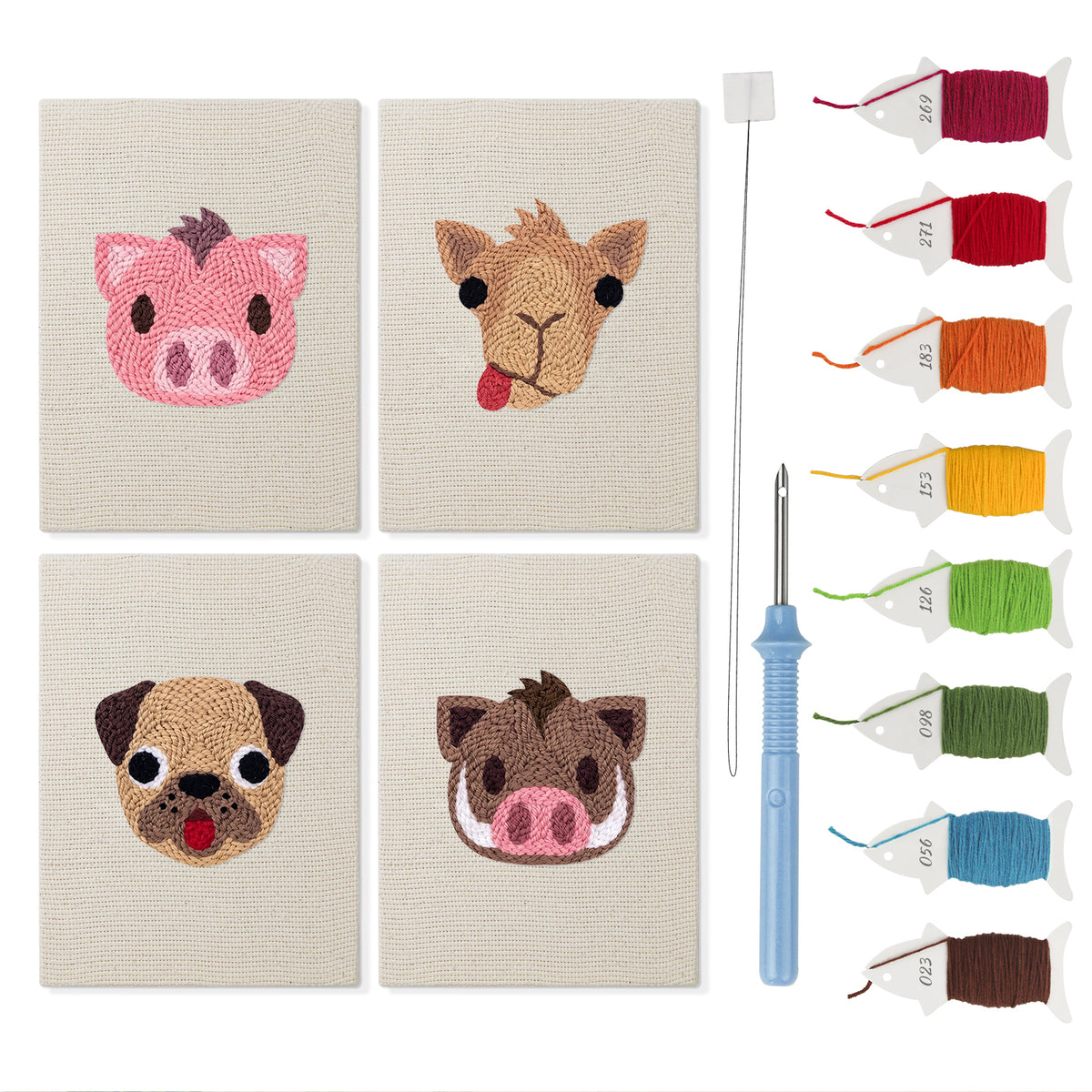 Pig and Camel mini punch needle kit set: four finished canvases with threads, punch needle and threader