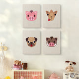 The four Pig and Camel mini canvases on a wall above a shelf