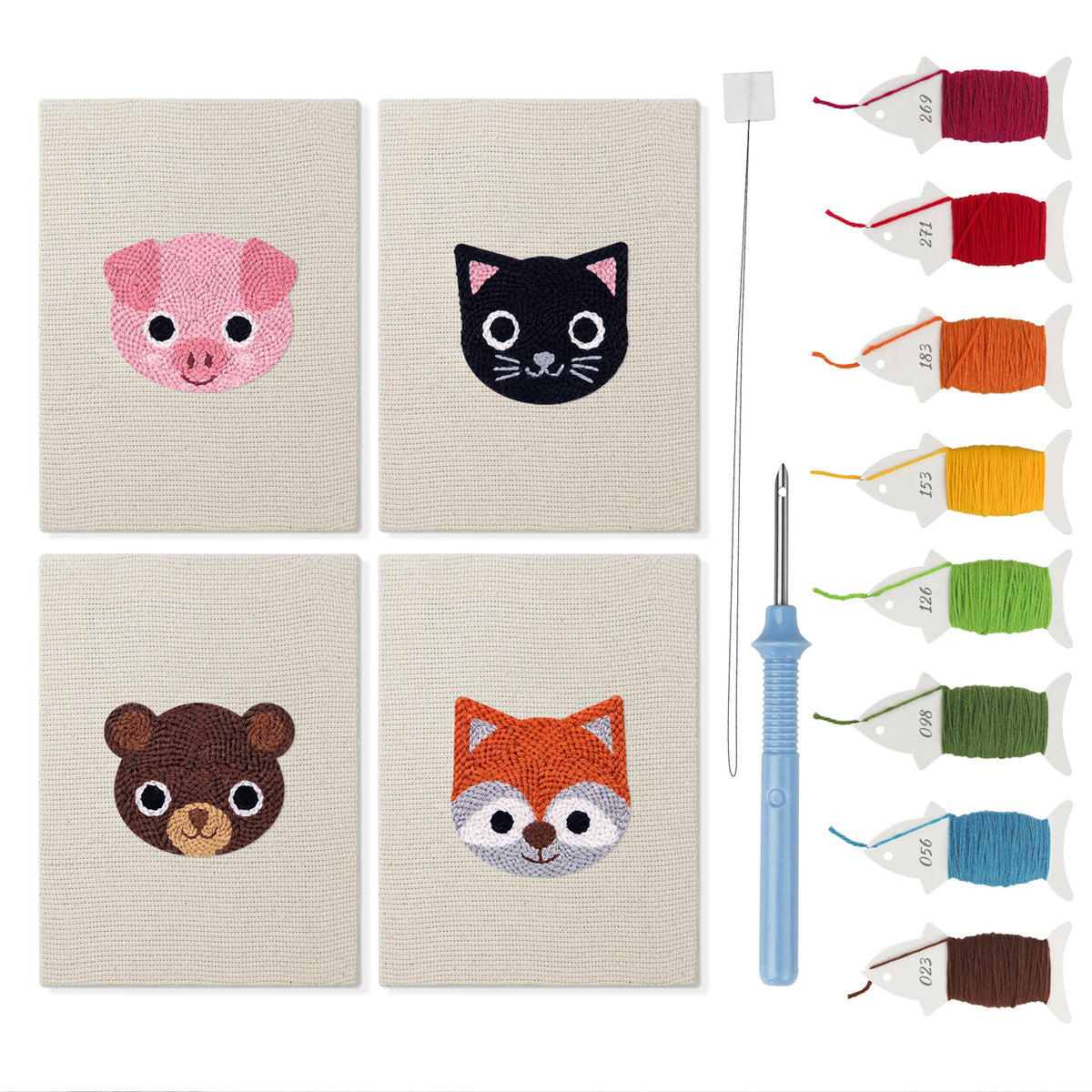Piglet and Fox mini punch needle kit set: four finished canvases with threads, punch needle and threader
