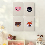 The four Piglet and Fox mini canvases on a wall above a shelf