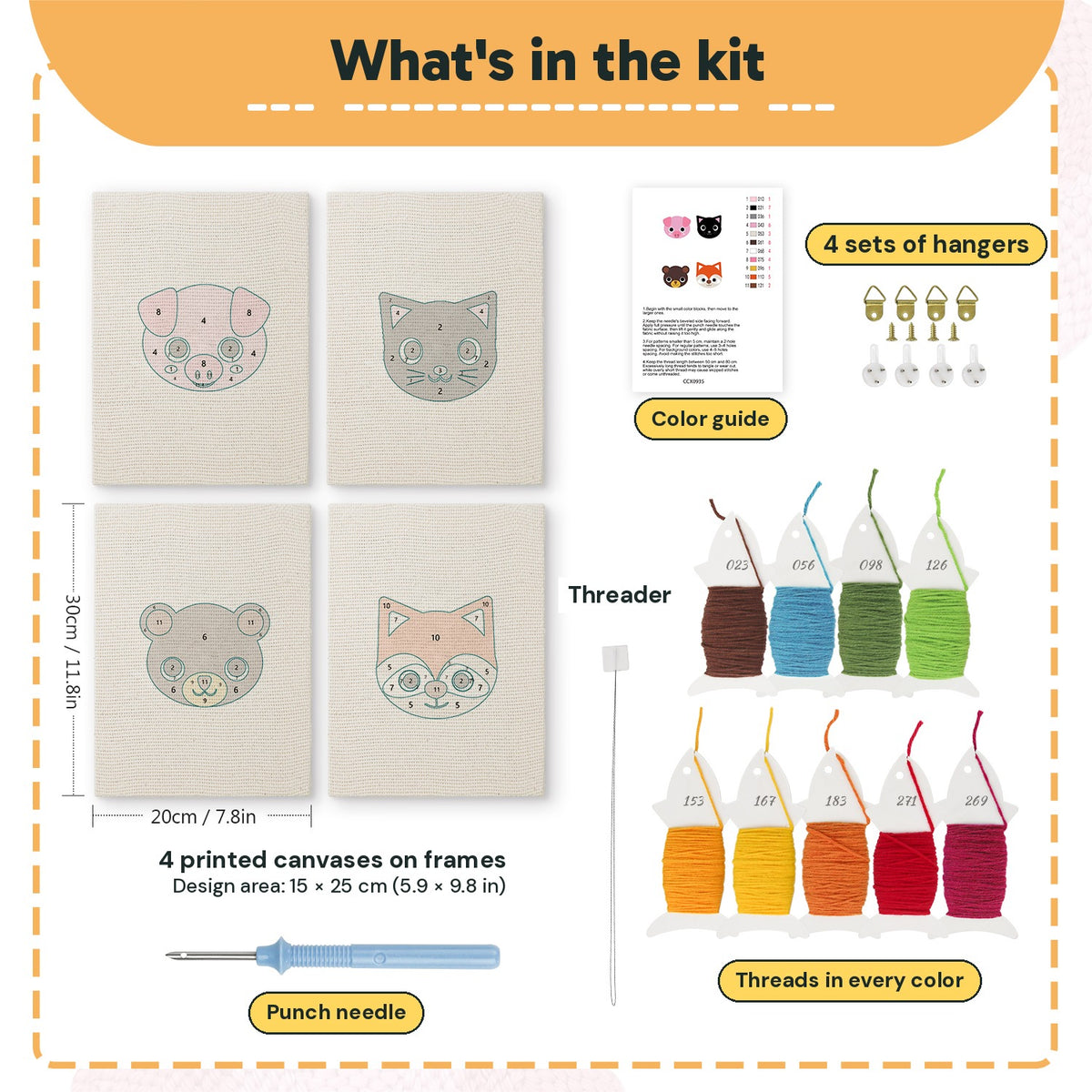 What is in the Piglet and Fox set, 8 × 12 in (20 × 30 cm) each: 4 printed canvases, punch needle, threader, threads, color guide and 4 sets of hangers
