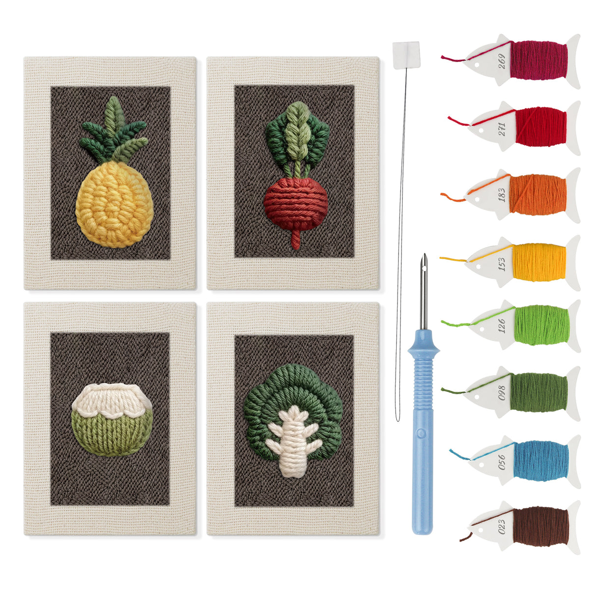 Pineapple and Coconut mini punch needle kit set: four finished canvases with threads, punch needle and threader