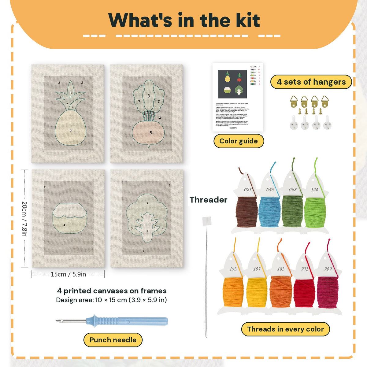 What is in the Pineapple and Coconut set: 4 printed canvases, punch needle, threader, threads, color guide and 4 sets of hangers (6 × 8 in (15 × 20 cm) each)