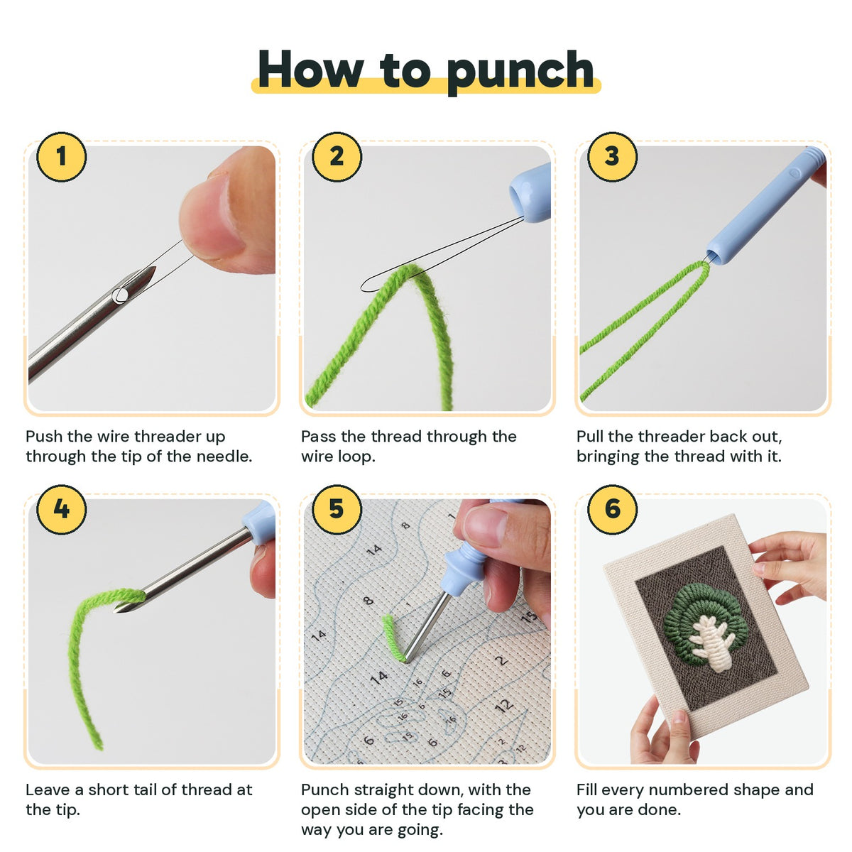 Six steps showing how to thread and use the punch needle