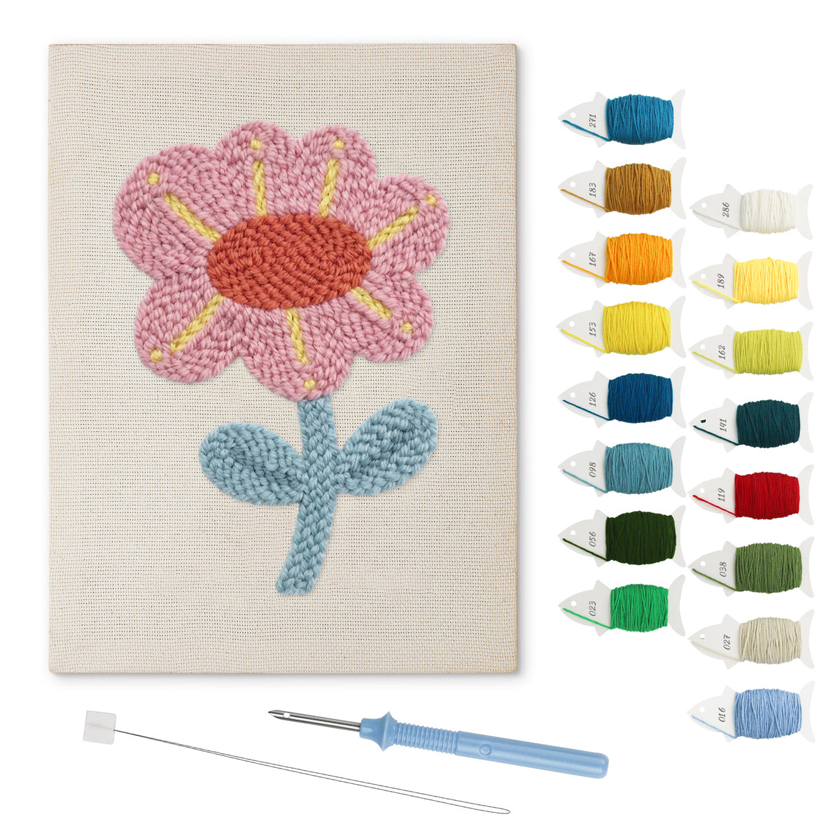 Pink and Blue Bloom punch needle kit: finished canvas with threads, punch needle and threader