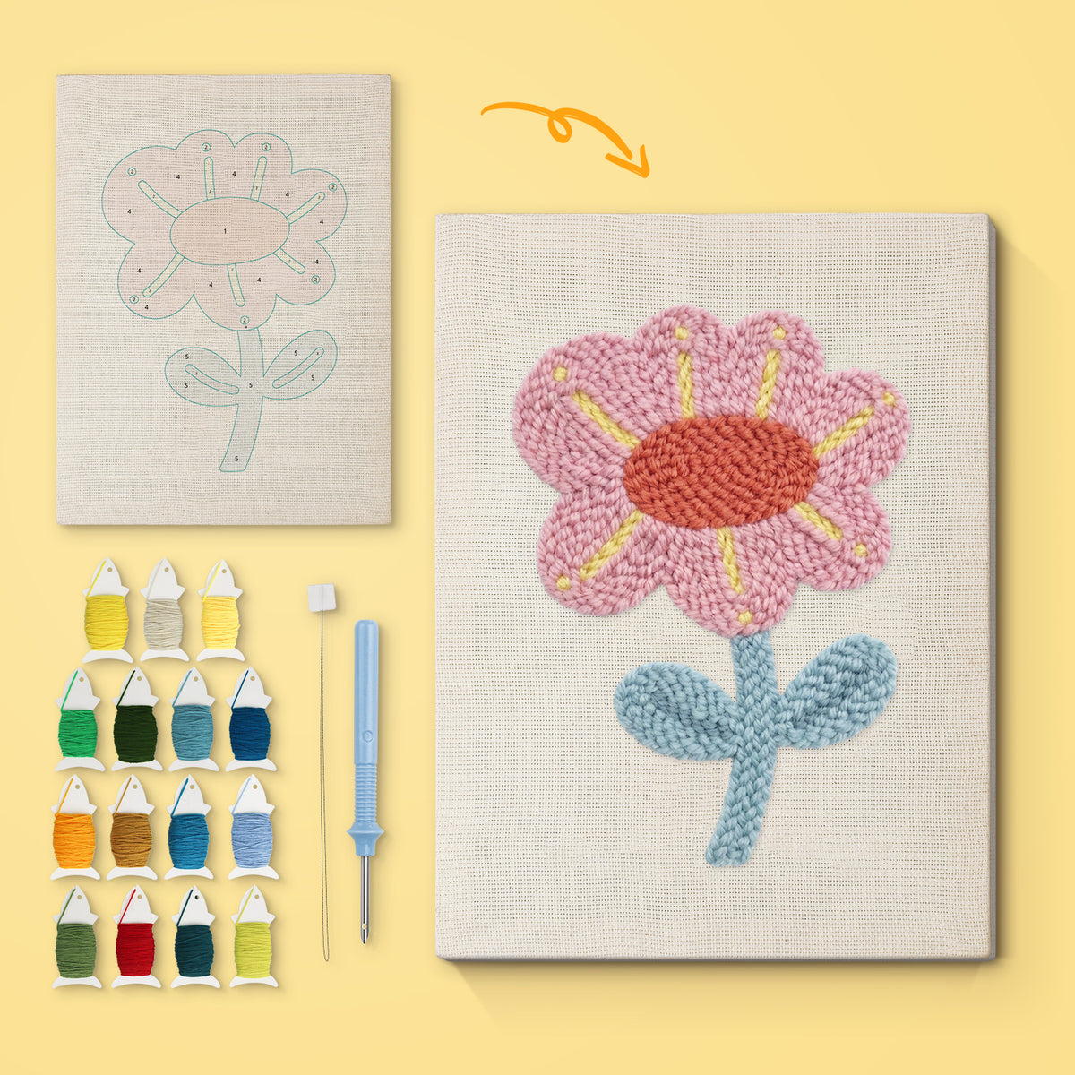 Pink and Blue Bloom canvas before and after punching, with the threads and tools