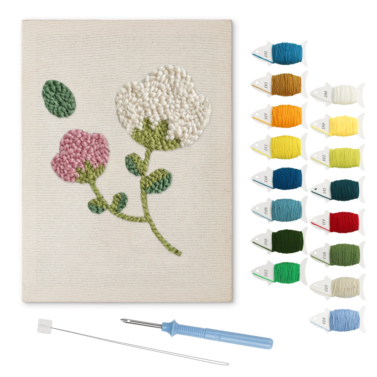 Pink and White Sprig punch needle kit: finished canvas with threads, punch needle and threader