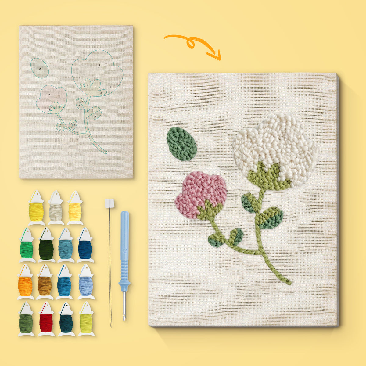 Pink and White Sprig canvas before and after punching, with the threads and tools