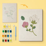 Pink and White Sprig canvas before and after punching, with the threads and tools