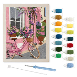 Pink Bicycle Lane punch needle kit: finished canvas with threads, punch needle and threader