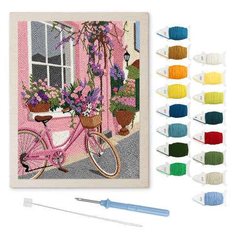 Pink Bicycle Lane punch needle kit: finished canvas with threads, punch needle and threader