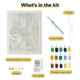 What is in the Pink Bicycle Lane kit: printed canvas, punch needle, threader, threads, color guide and hangers