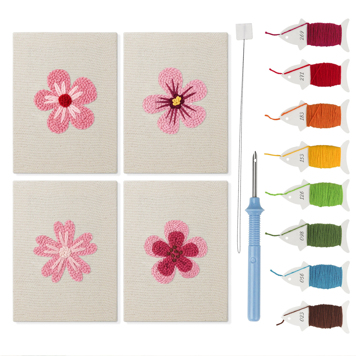 Pink Blossom Heads mini punch needle kit set: four finished canvases with threads, punch needle and threader