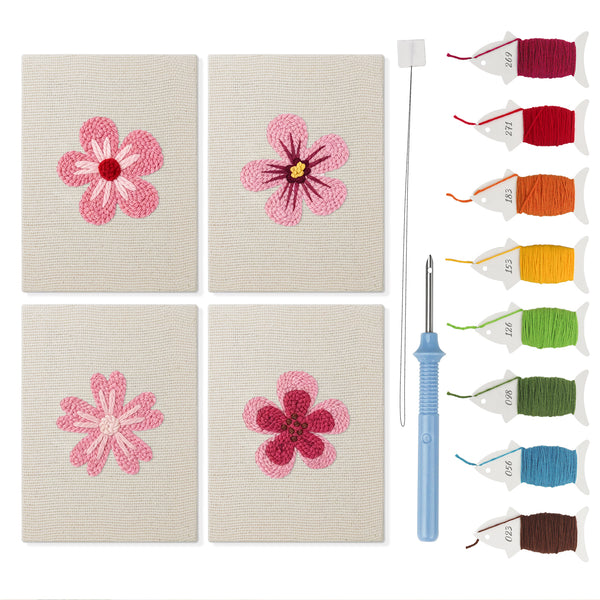 Pink Blossom Heads mini punch needle kit set: four finished canvases with threads, punch needle and threader