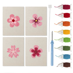 Pink Blossom Heads mini punch needle kit set: four finished canvases with threads, punch needle and threader