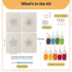 What is in the Pink Blossom Heads set: 4 printed canvases, punch needle, threader, threads, color guide and 4 sets of hangers (6 × 8 in (15 × 20 cm) each)