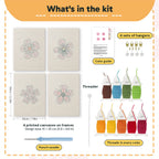 What is in the Pink Blossom Heads set, 8 × 12 in (20 × 30 cm) each: 4 printed canvases, punch needle, threader, threads, color guide and 4 sets of hangers