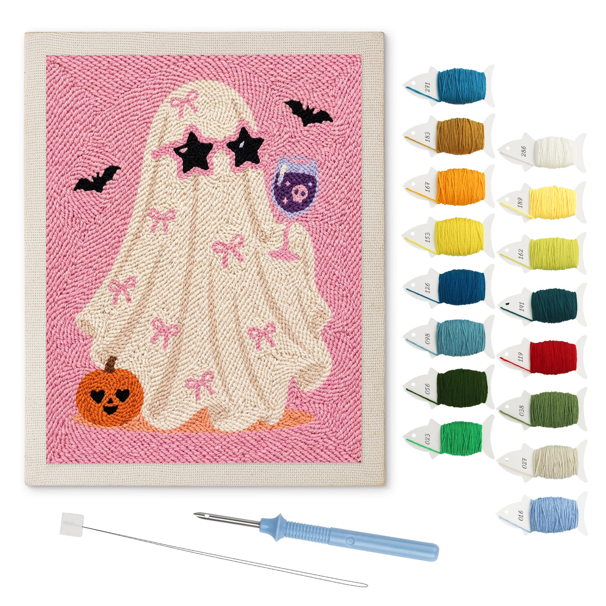 Pink Bow Ghost punch needle kit: finished canvas with threads, punch needle and threader