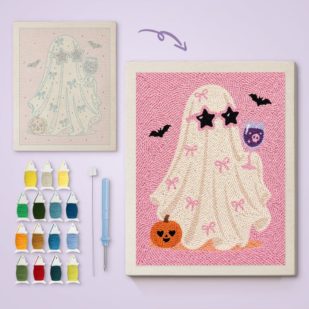 Pink Bow Ghost canvas before and after punching, with the threads and tools