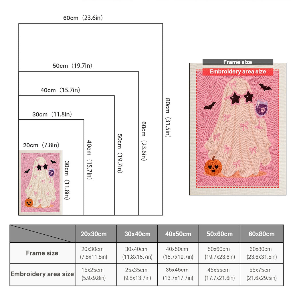 Size chart for punch needle kits from 20 x 30 cm to 60 x 80 cm