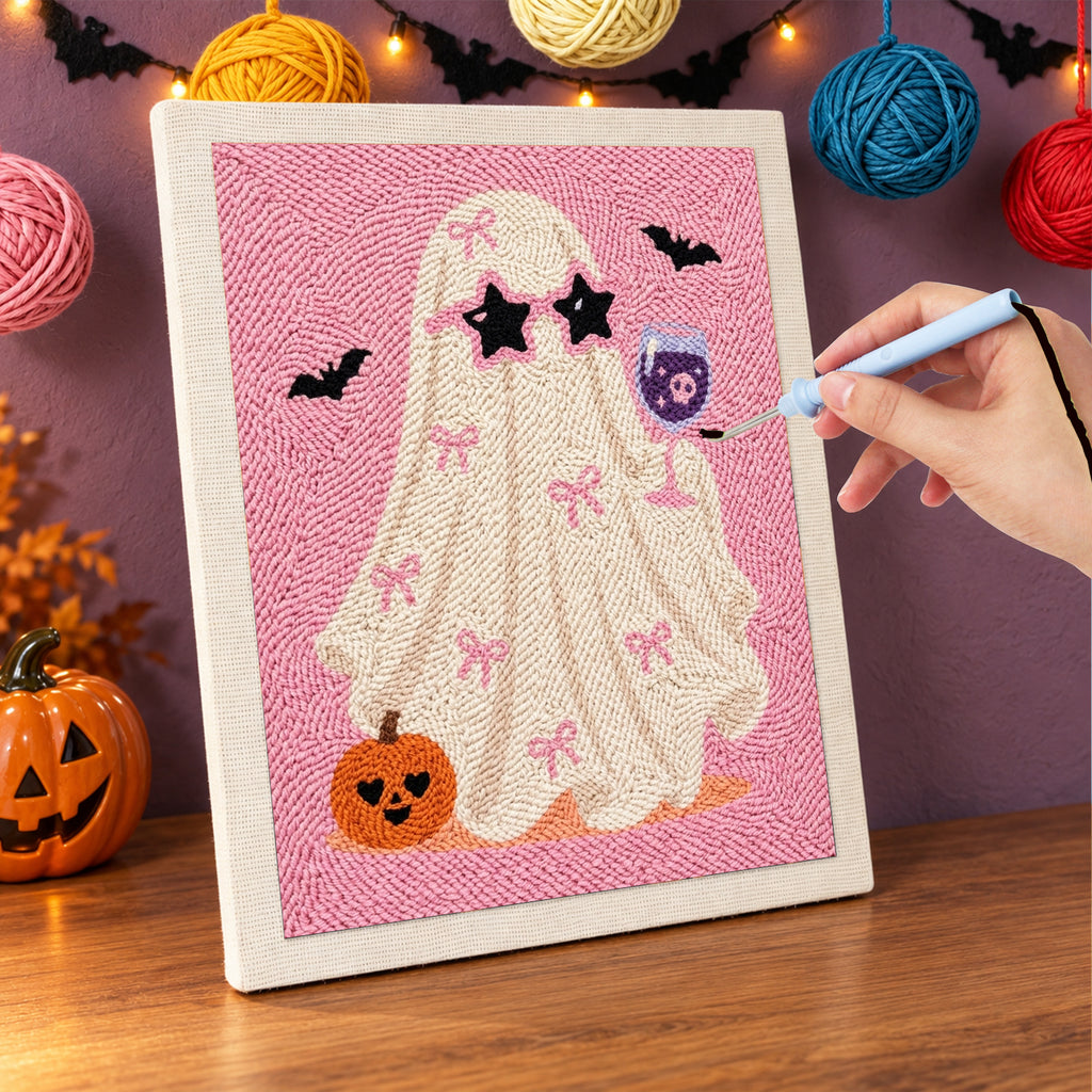 Punching the Pink Bow Ghost design with the punch needle