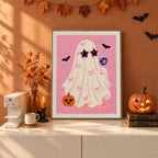 Finished Pink Bow Ghost punch needle canvas on a wall