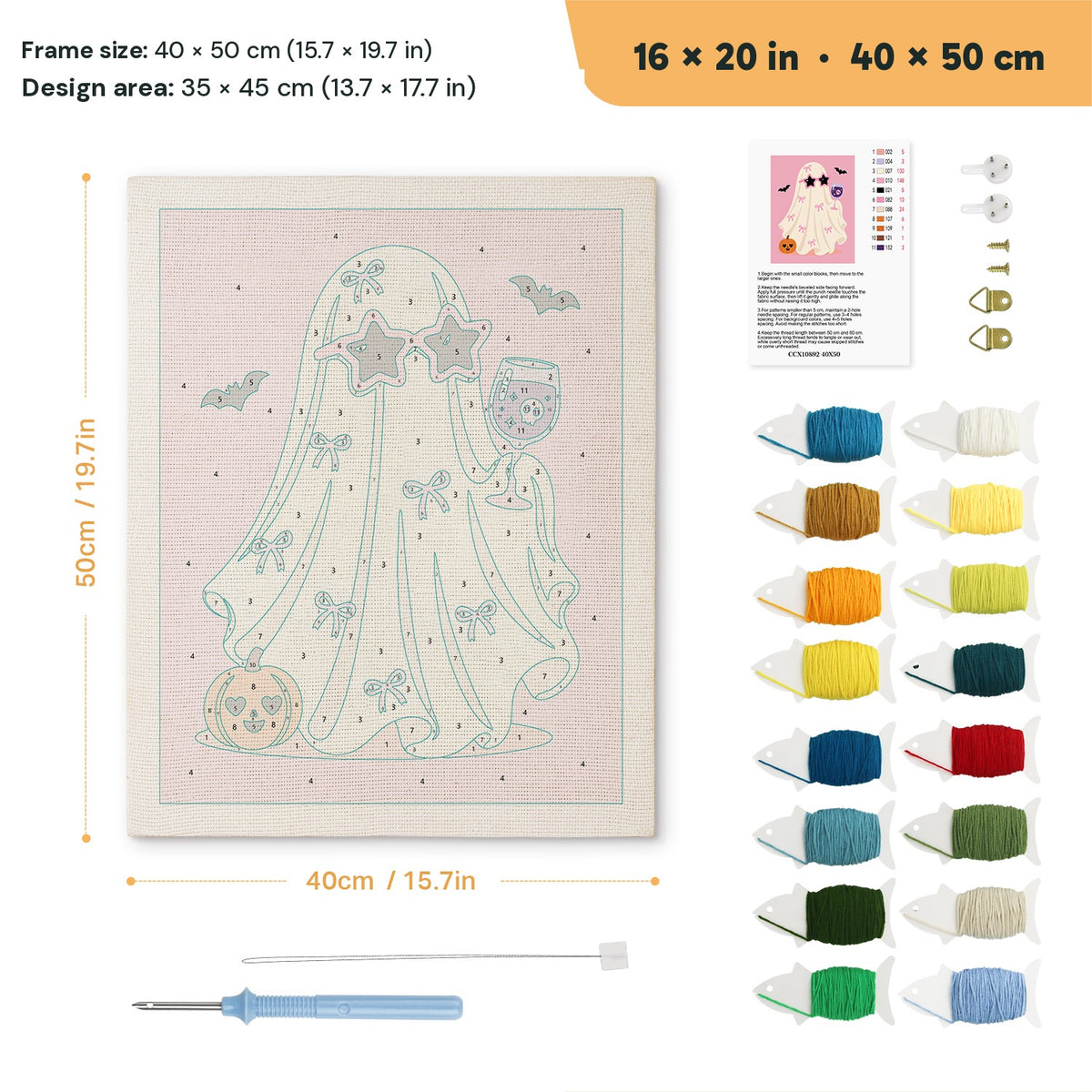 Pink Bow Ghost punch needle kit, 16 × 20 in (40 × 50 cm): canvas size and kit contents
