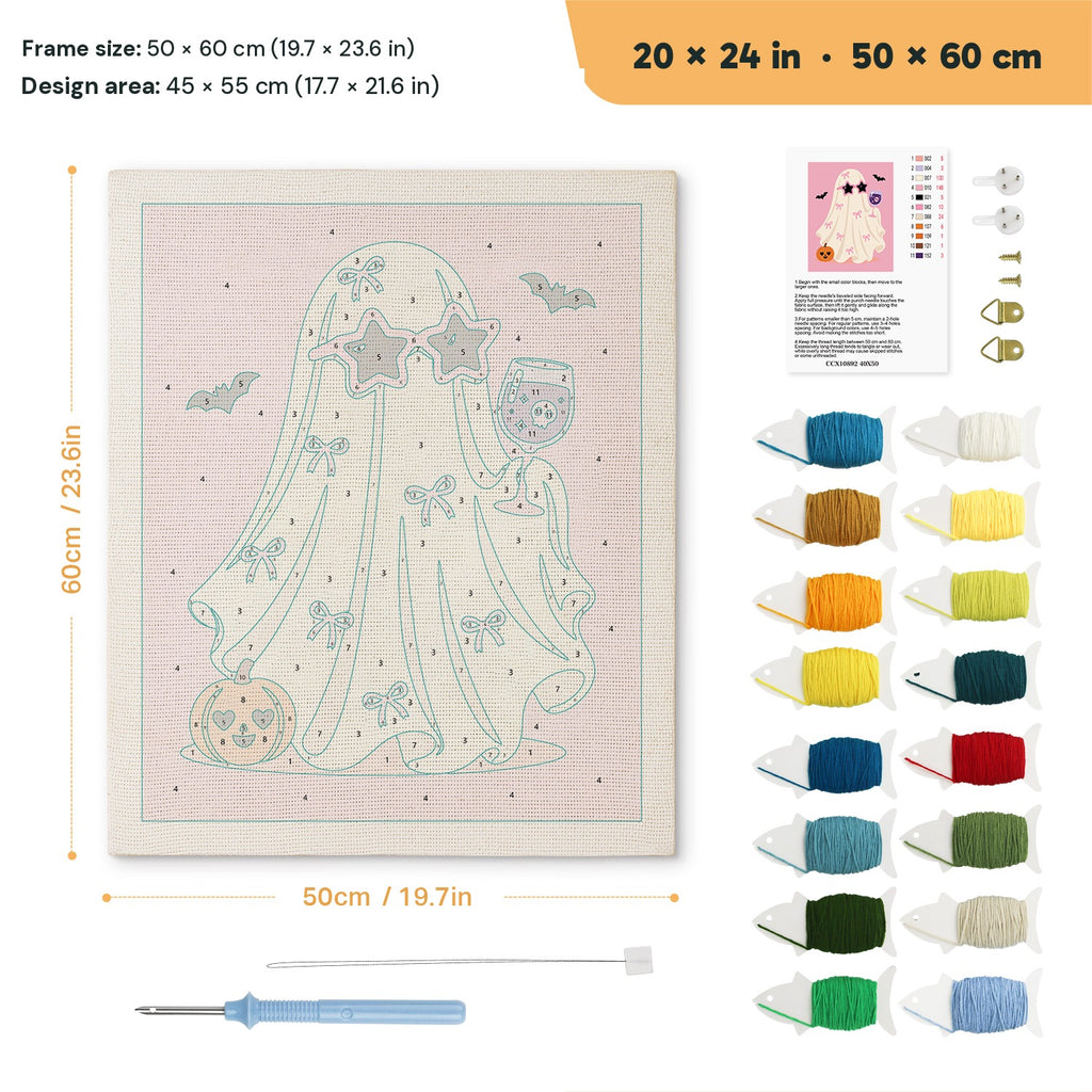 Pink Bow Ghost punch needle kit, 20 × 24 in (50 × 60 cm): canvas size and kit contents